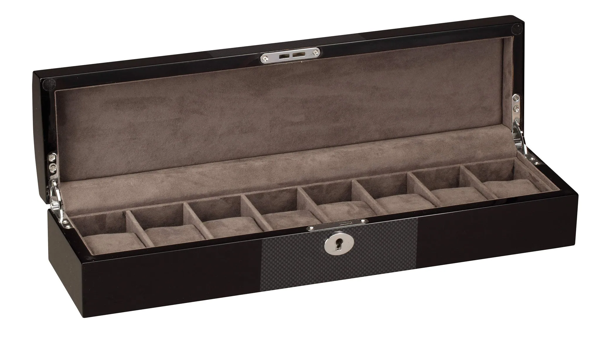 Diplomat 8 Piano Black Wood Watch Box With Carbon Fiber Accent Trim