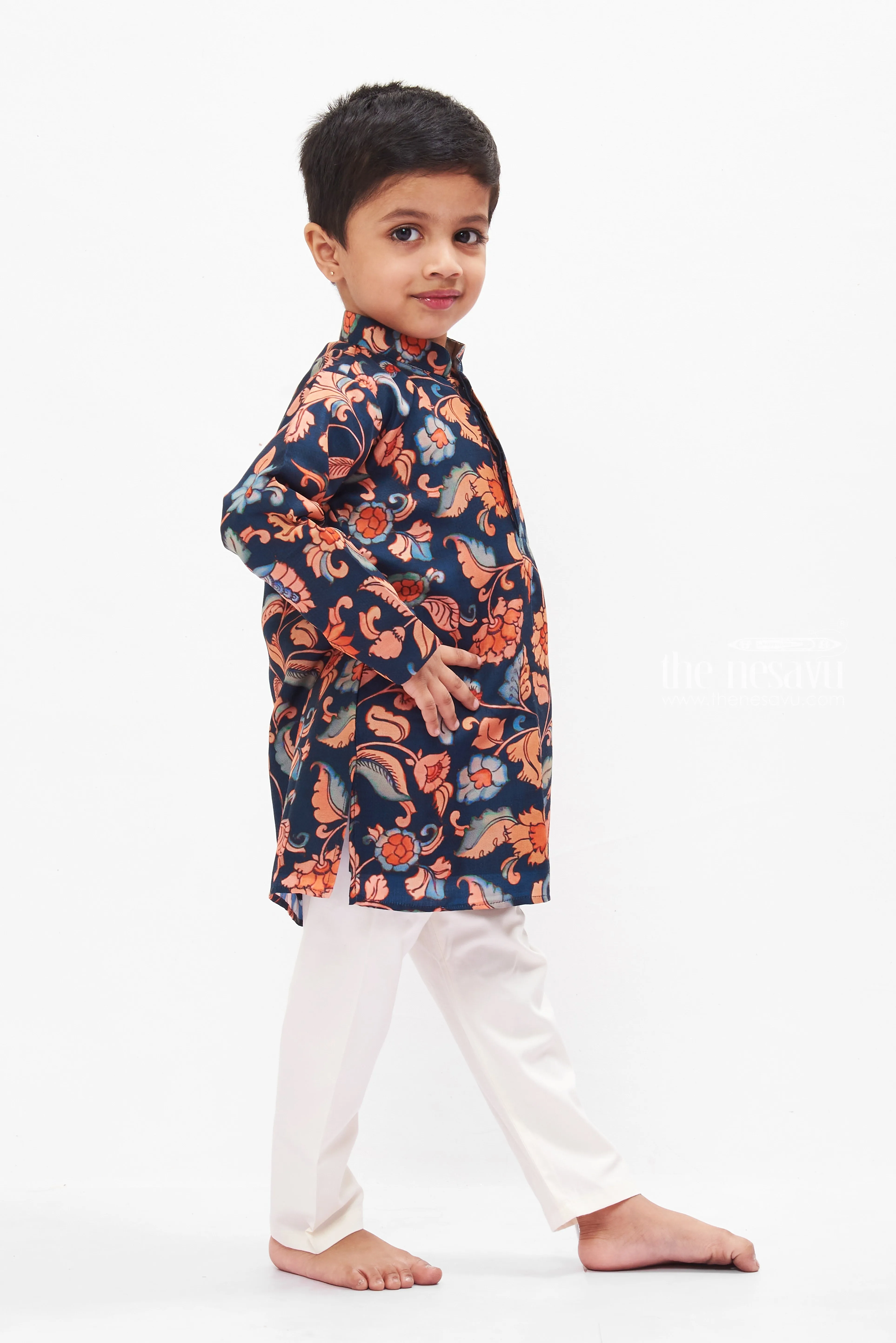 Elegant Boys Navy Floral Kurta Set - Traditional with a Modern Twist