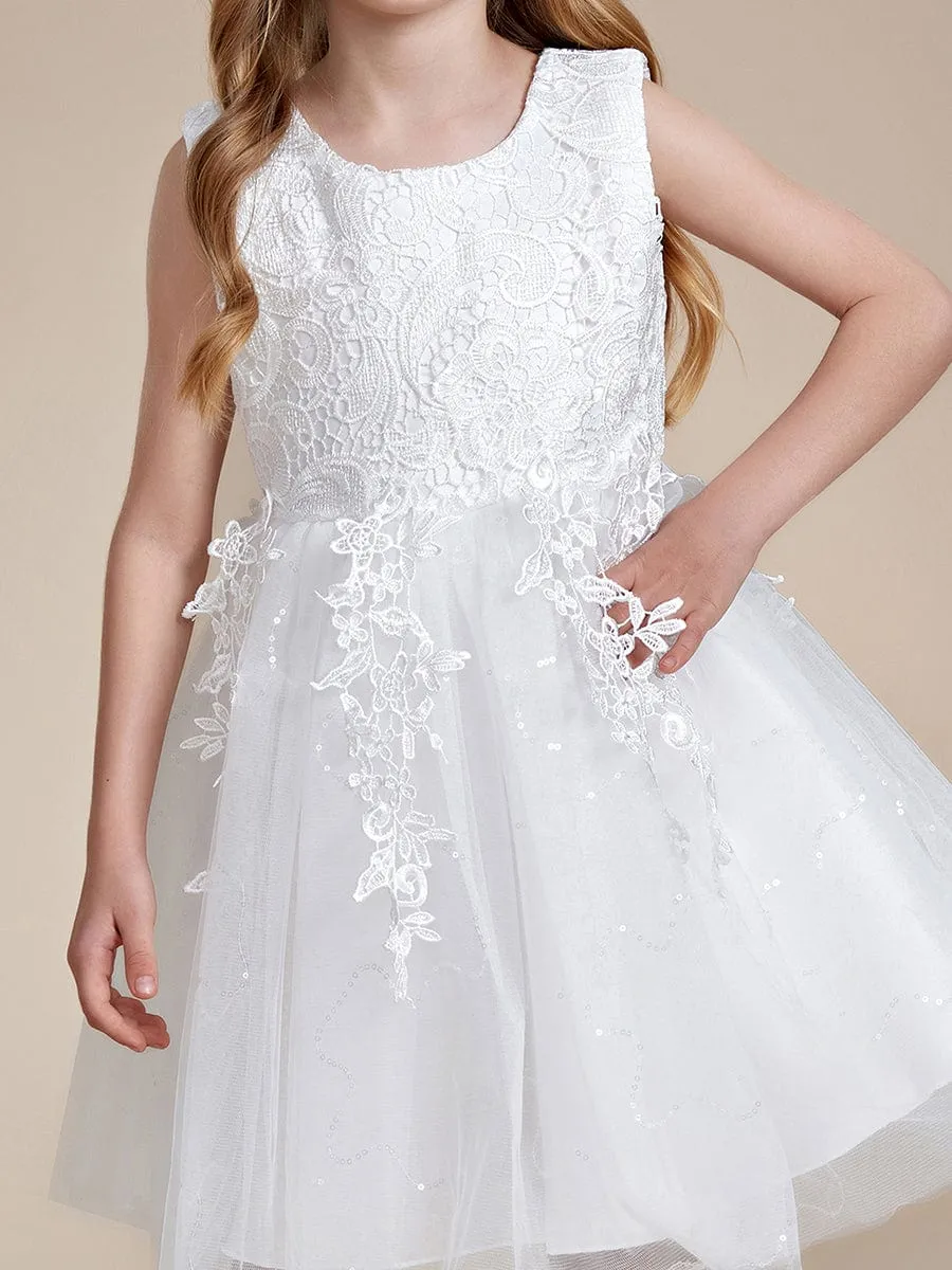 Elegant Lace Sleeveless Embroidered A-Line Flower Girl Dress with Bowknot