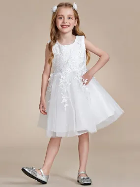 Elegant Lace Sleeveless Embroidered A-Line Flower Girl Dress with Bowknot