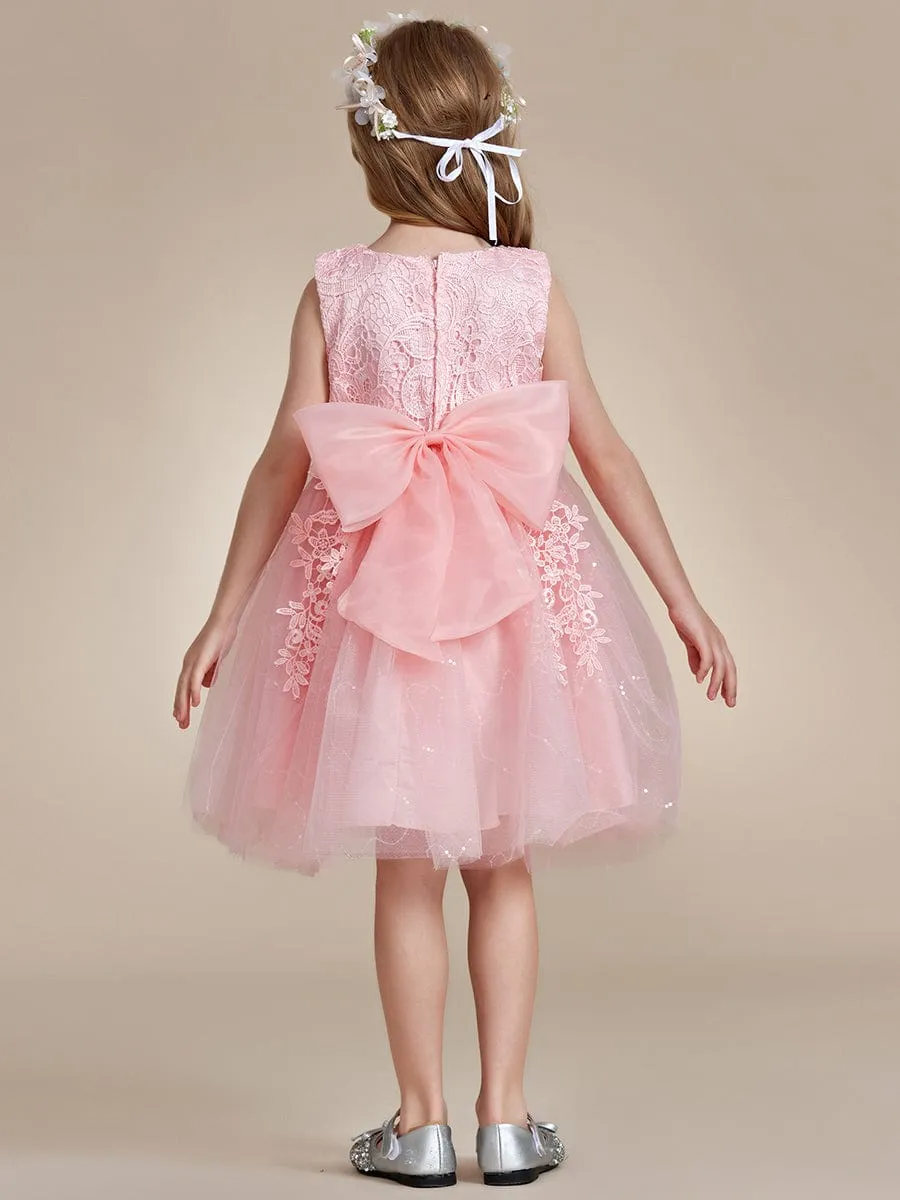 Elegant Lace Sleeveless Embroidered A-Line Flower Girl Dress with Bowknot