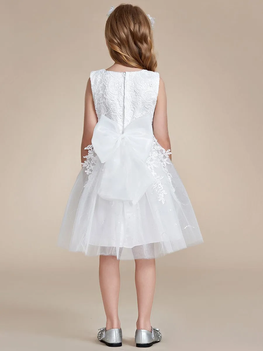 Elegant Lace Sleeveless Embroidered A-Line Flower Girl Dress with Bowknot