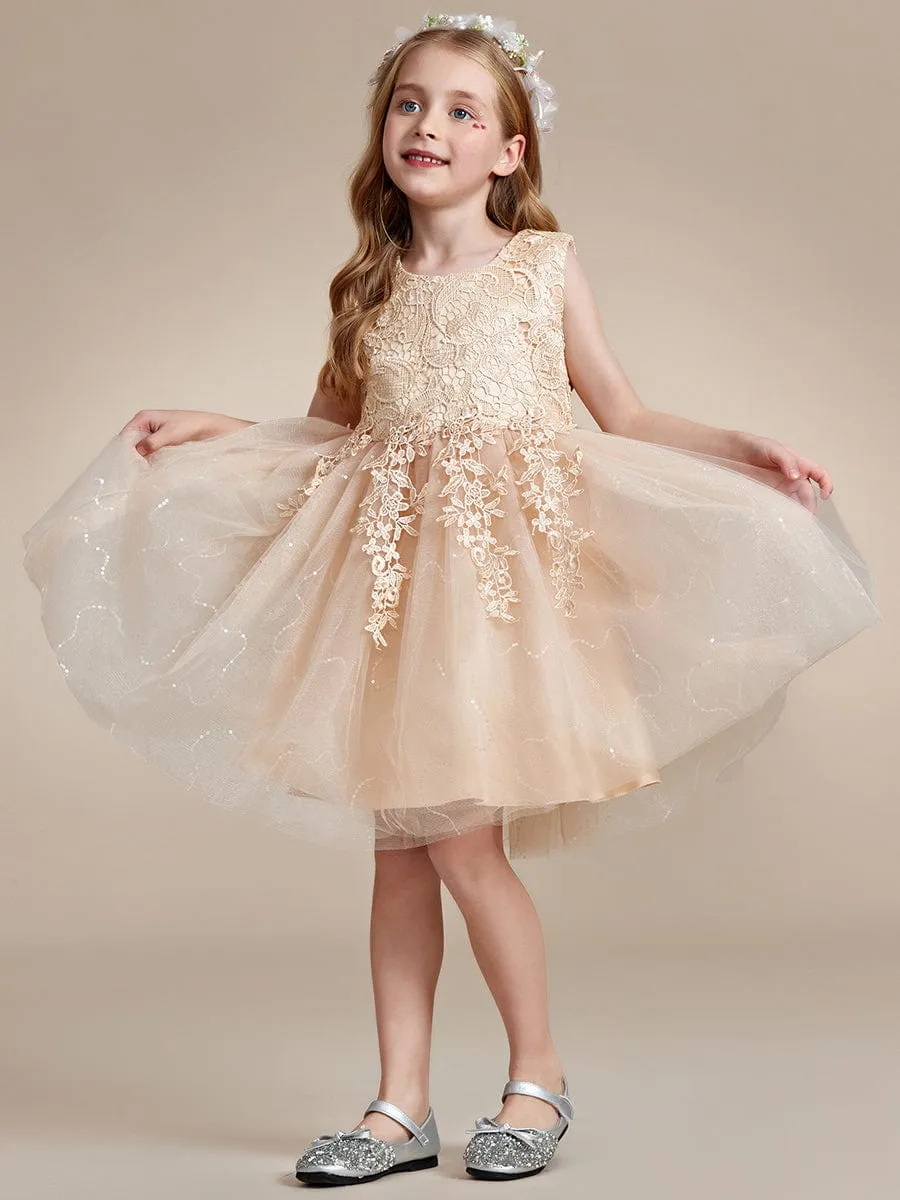 Elegant Lace Sleeveless Embroidered A-Line Flower Girl Dress with Bowknot