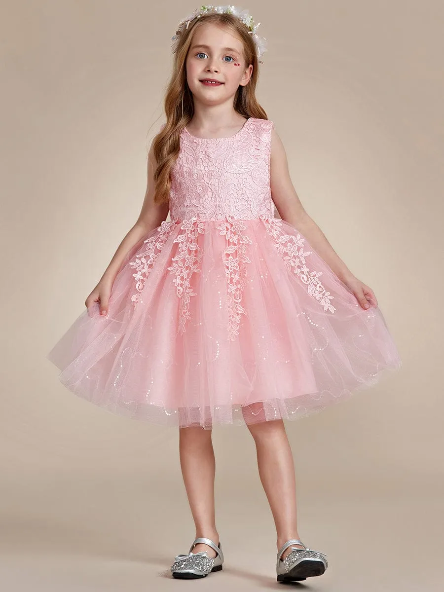 Elegant Lace Sleeveless Embroidered A-Line Flower Girl Dress with Bowknot