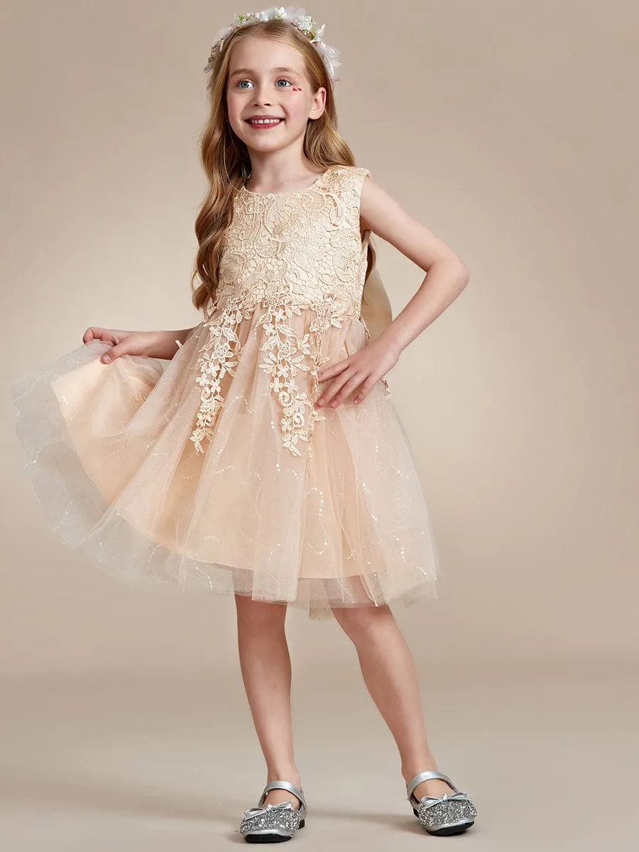 Elegant Lace Sleeveless Embroidered A-Line Flower Girl Dress with Bowknot