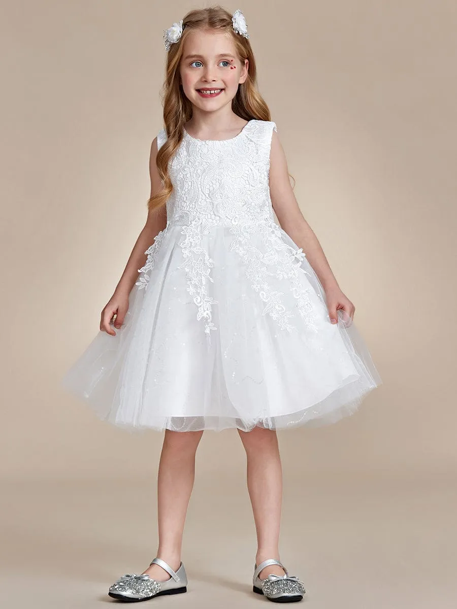 Elegant Lace Sleeveless Embroidered A-Line Flower Girl Dress with Bowknot