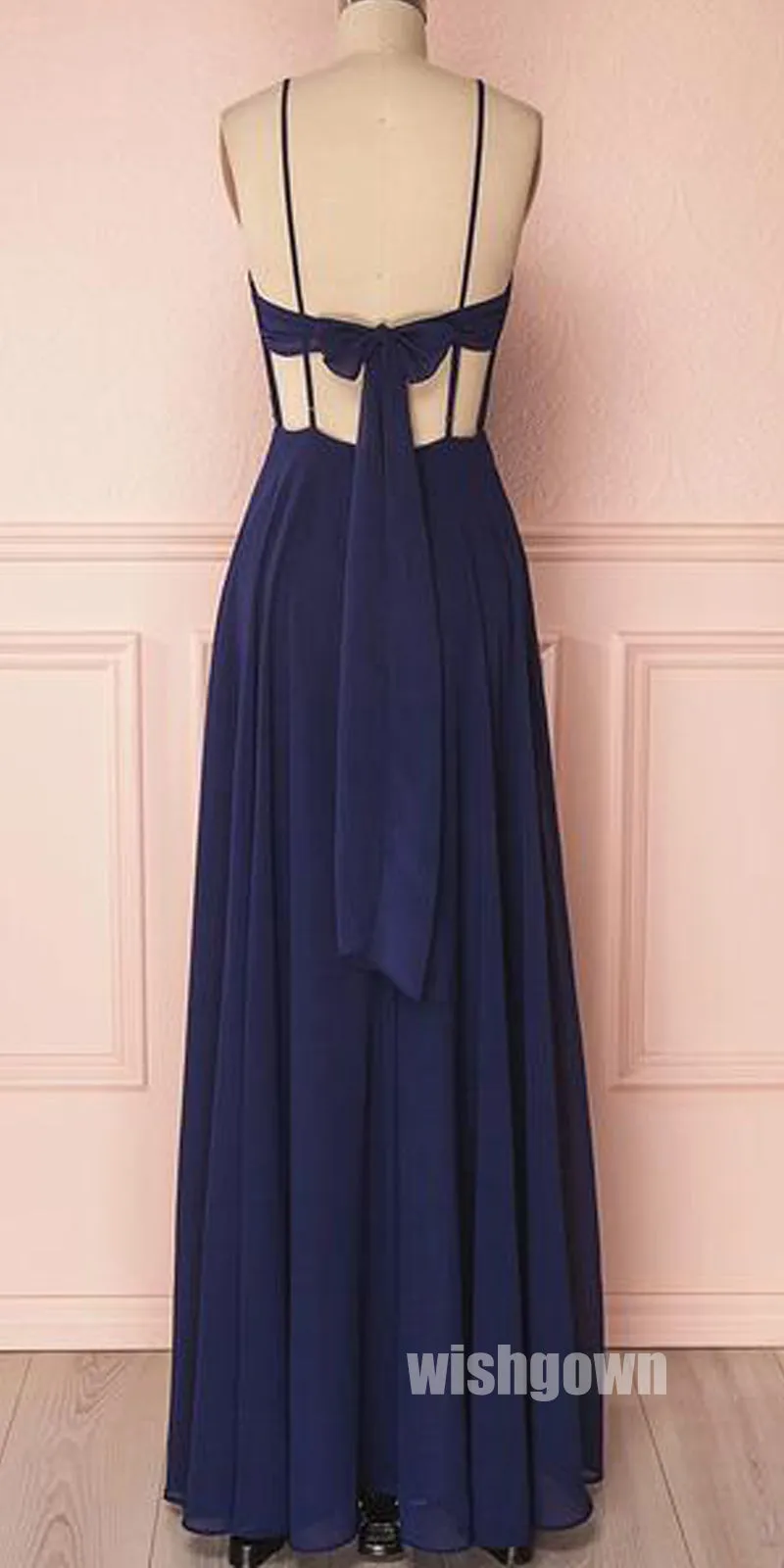 Elegant V-neck Navy Blue Backless Long Prom Dresses, PG1249