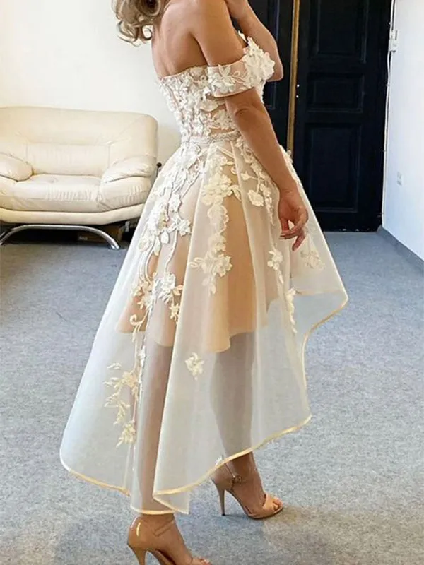 Elegant White Off-Shoulder High-Low A-Line Popular Cheap Short Homecoming Dresses, EPT200