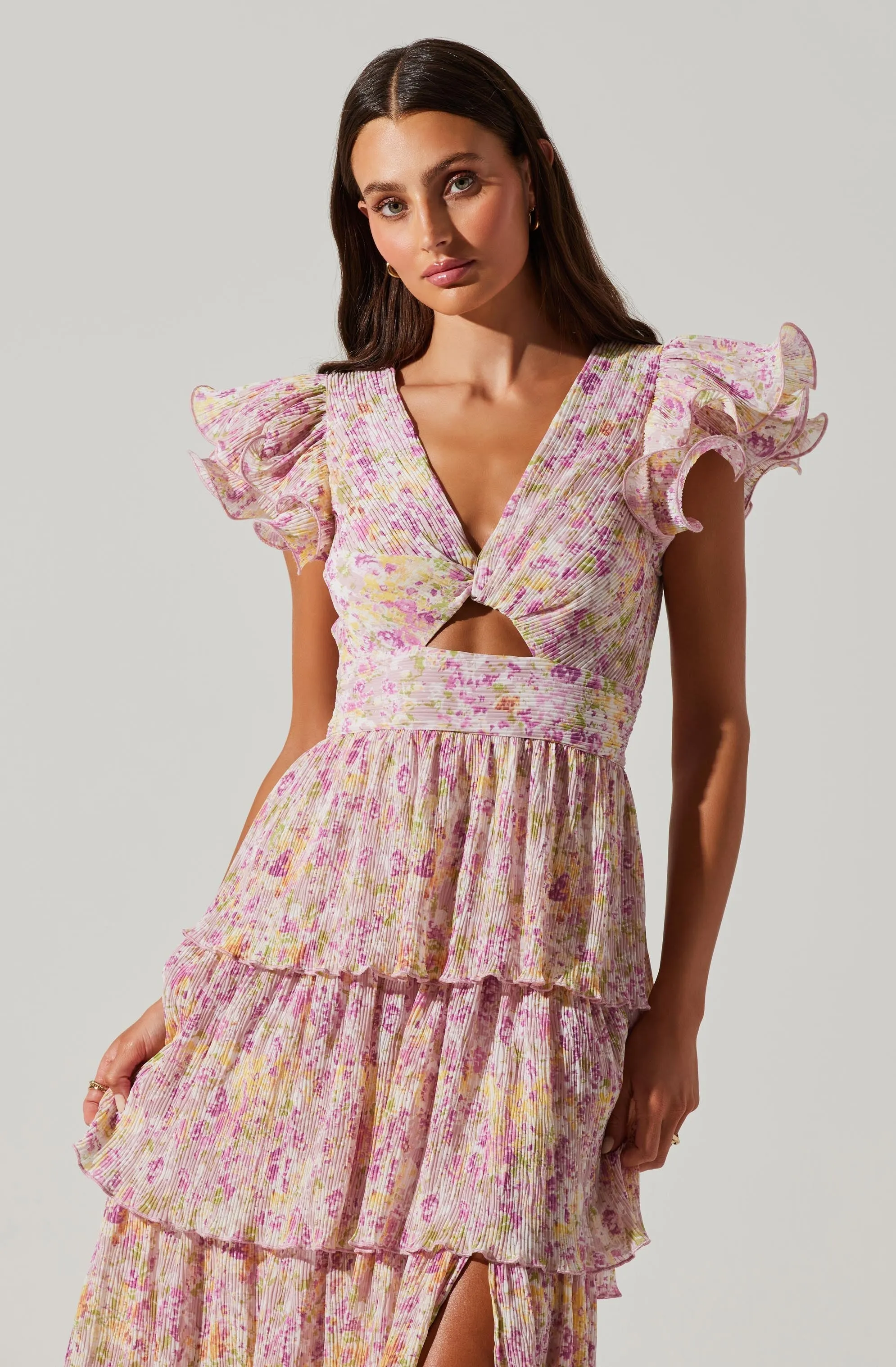 Emporia Floral Pleated Tiered Midi Dress