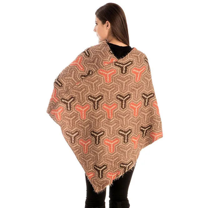 Fall Winter Patterned V-Neck Poncho