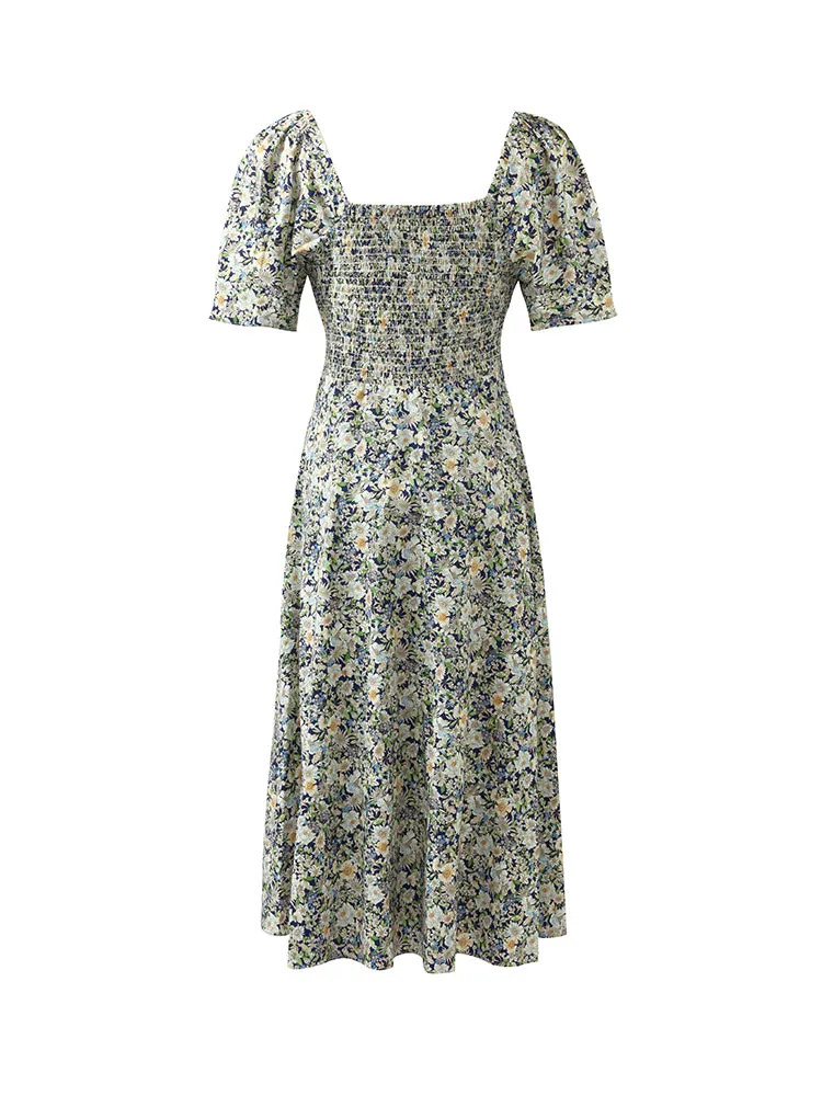 Floral Printed Square Neck Women Midi Dress