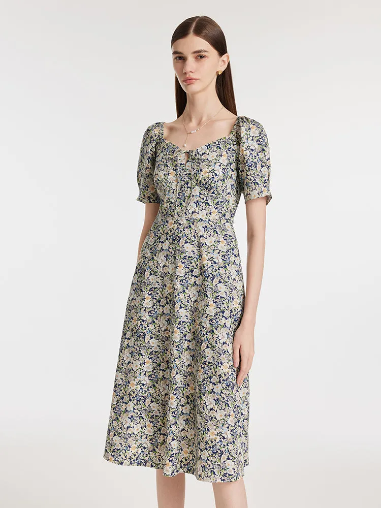 Floral Printed Square Neck Women Midi Dress