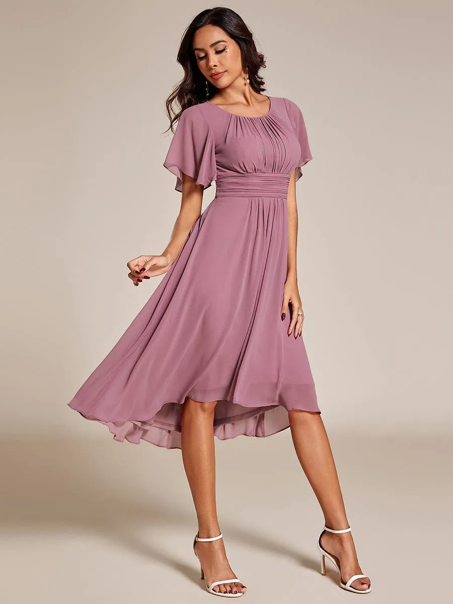 Flowy Chiffon Round Neckline A-Line Knee Length Wedding Guest Dress