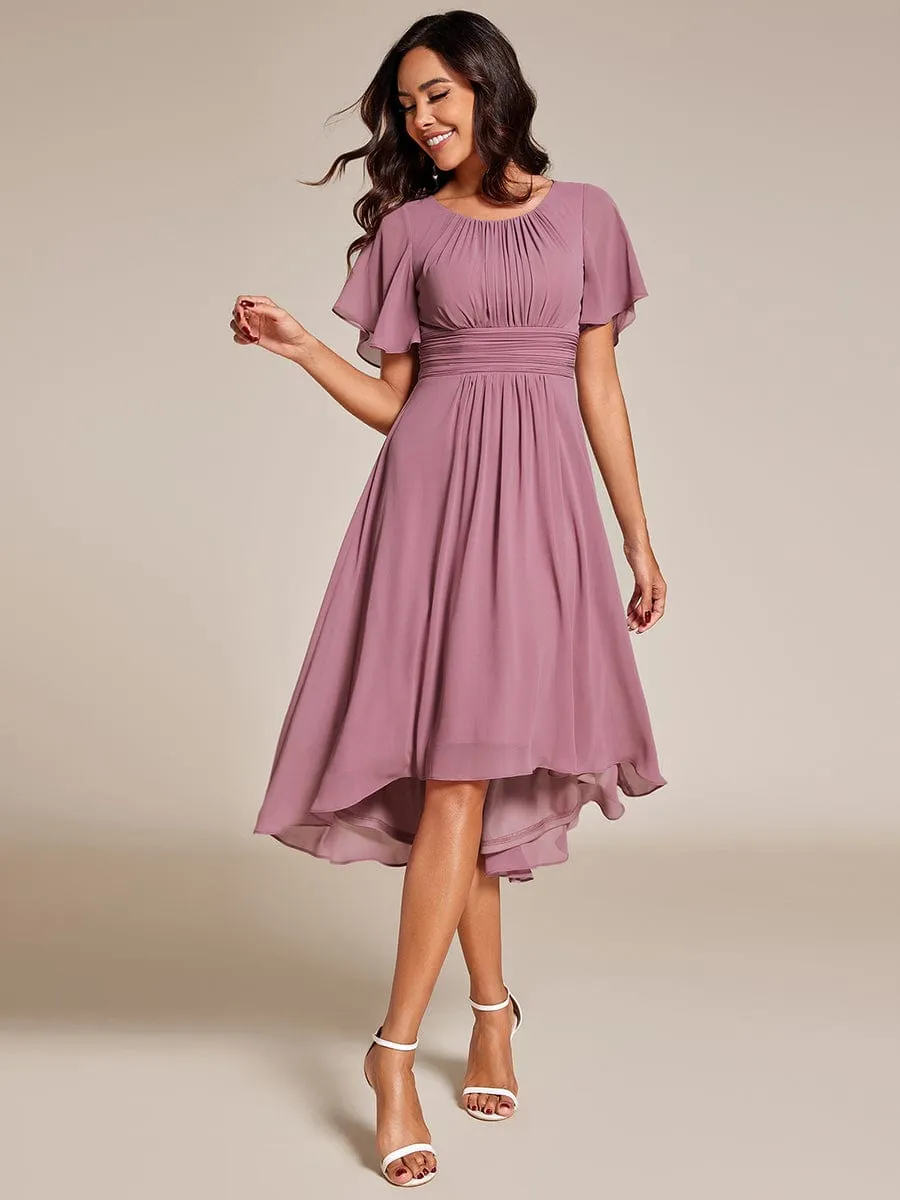 Flowy Chiffon Round Neckline A-Line Knee Length Wedding Guest Dress