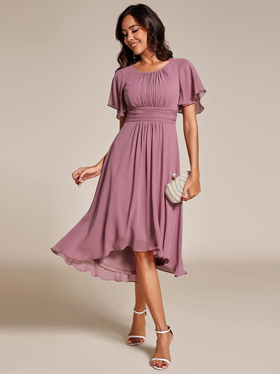 Flowy Chiffon Round Neckline A-Line Knee Length Wedding Guest Dress