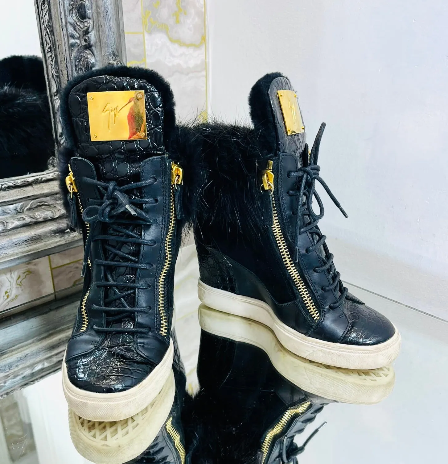 Giuseppe Zanotti Leather & Fur Wedge Sneakers. Size 36.5