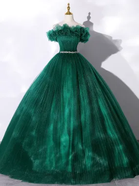 Green Tulle Off The Shoulder Folds Long A-Line Prom Dress SH843