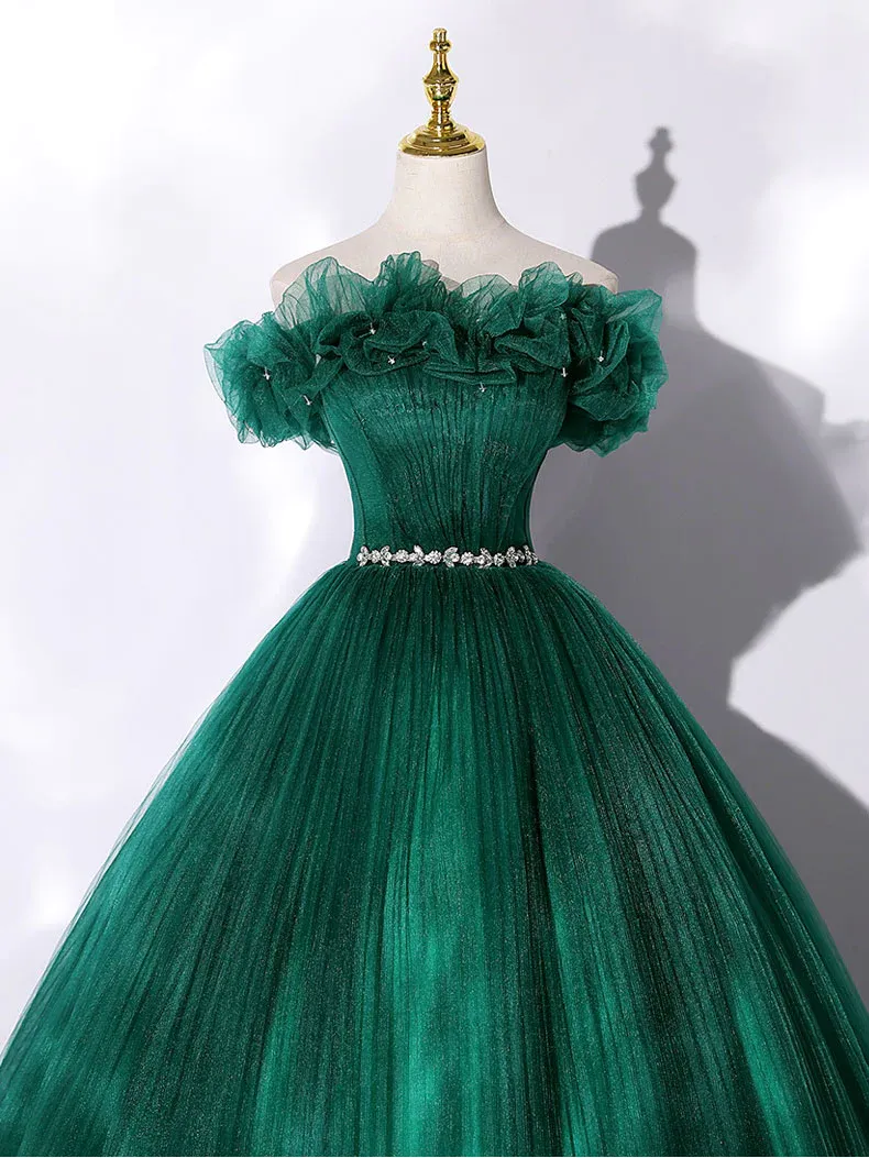 Green Tulle Off The Shoulder Folds Long A-Line Prom Dress SH843