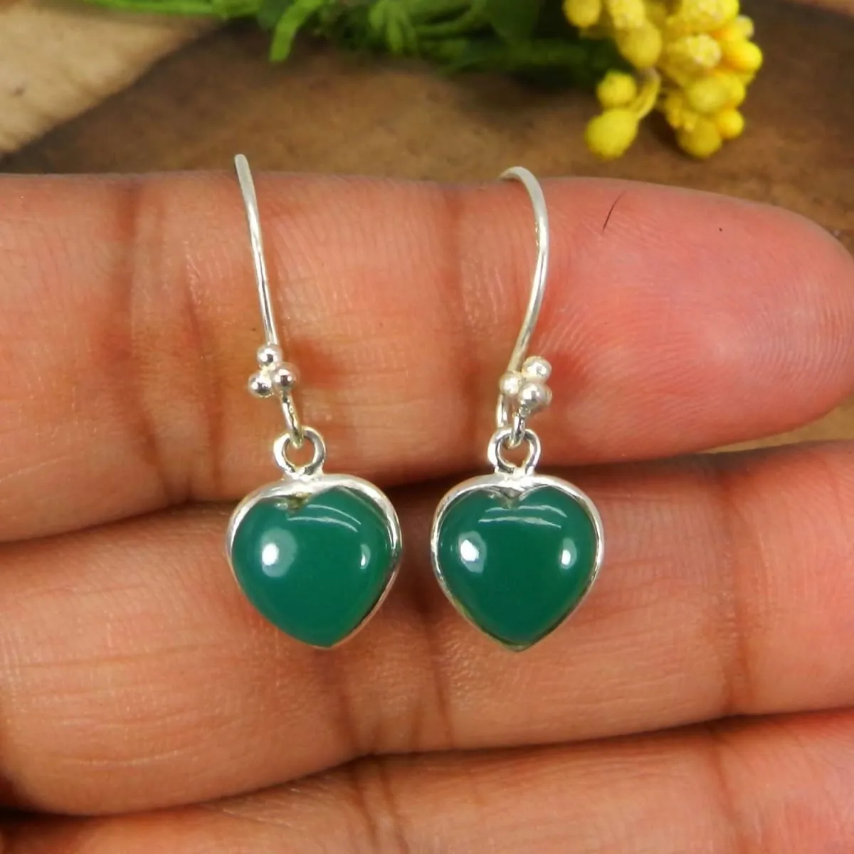 Heart Shaped Green Onyx 925 Sterling Silver Dangle Earrings