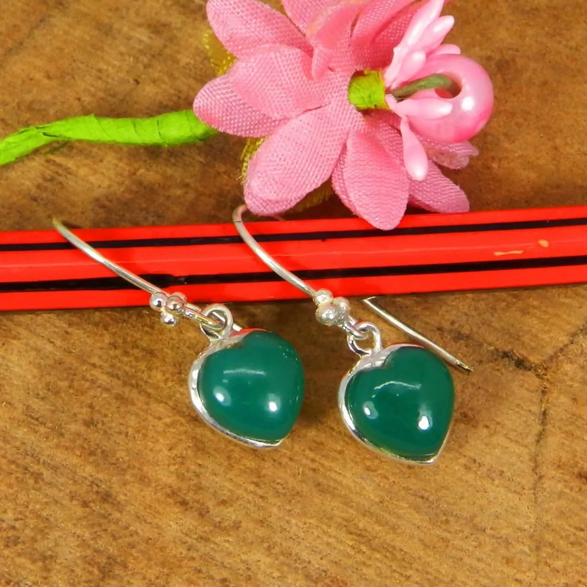 Heart Shaped Green Onyx 925 Sterling Silver Dangle Earrings