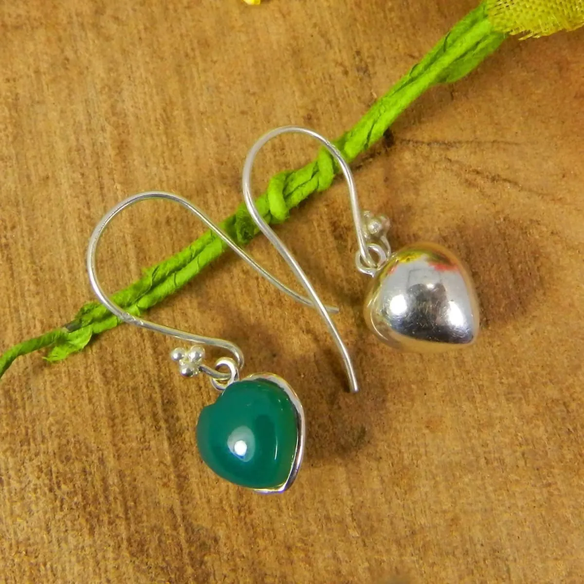 Heart Shaped Green Onyx 925 Sterling Silver Dangle Earrings