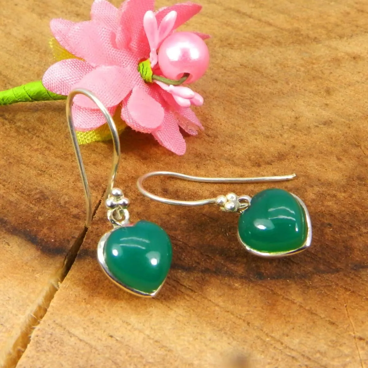 Heart Shaped Green Onyx 925 Sterling Silver Dangle Earrings