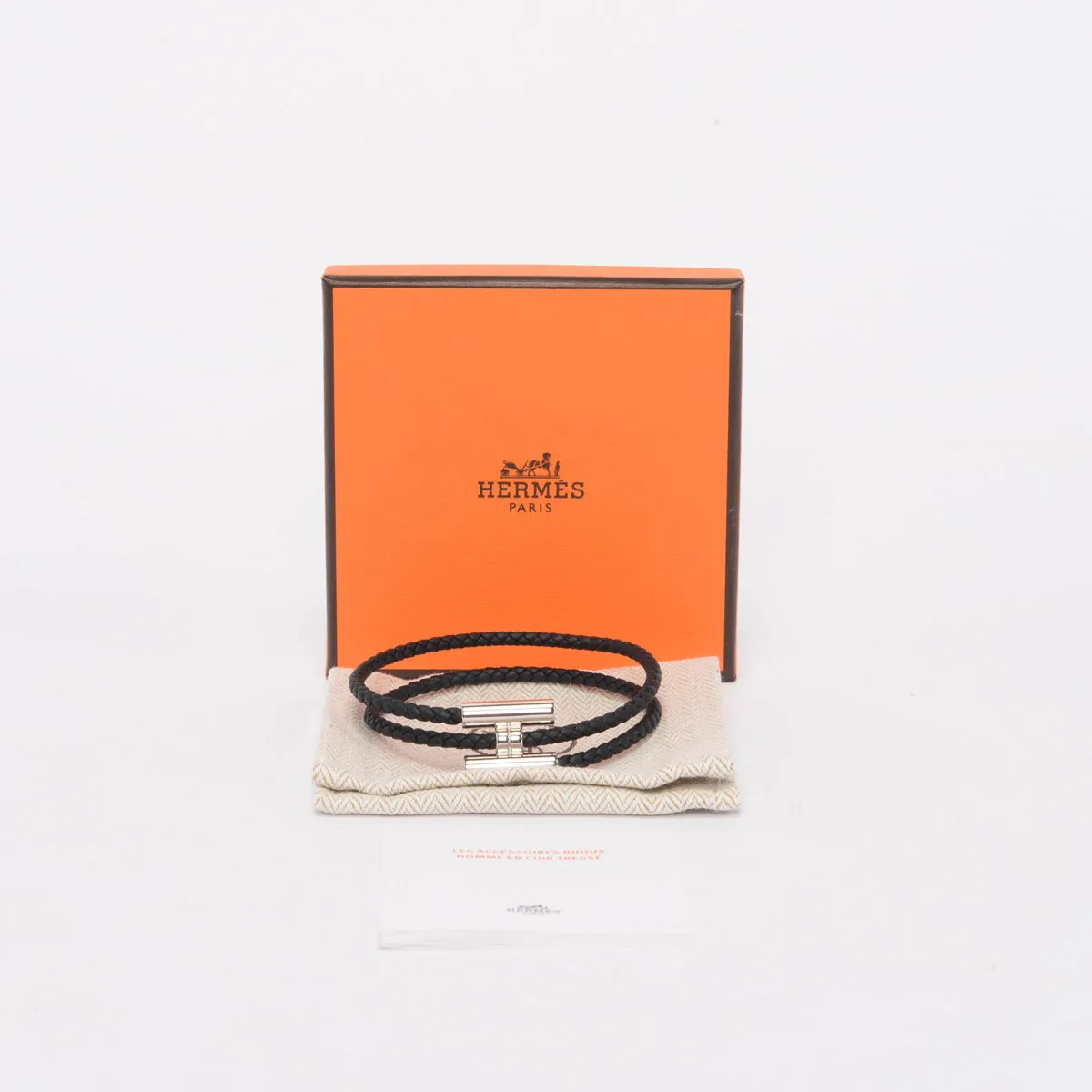 Hermes Black Braided Leather Tournis Tresse Bracelet