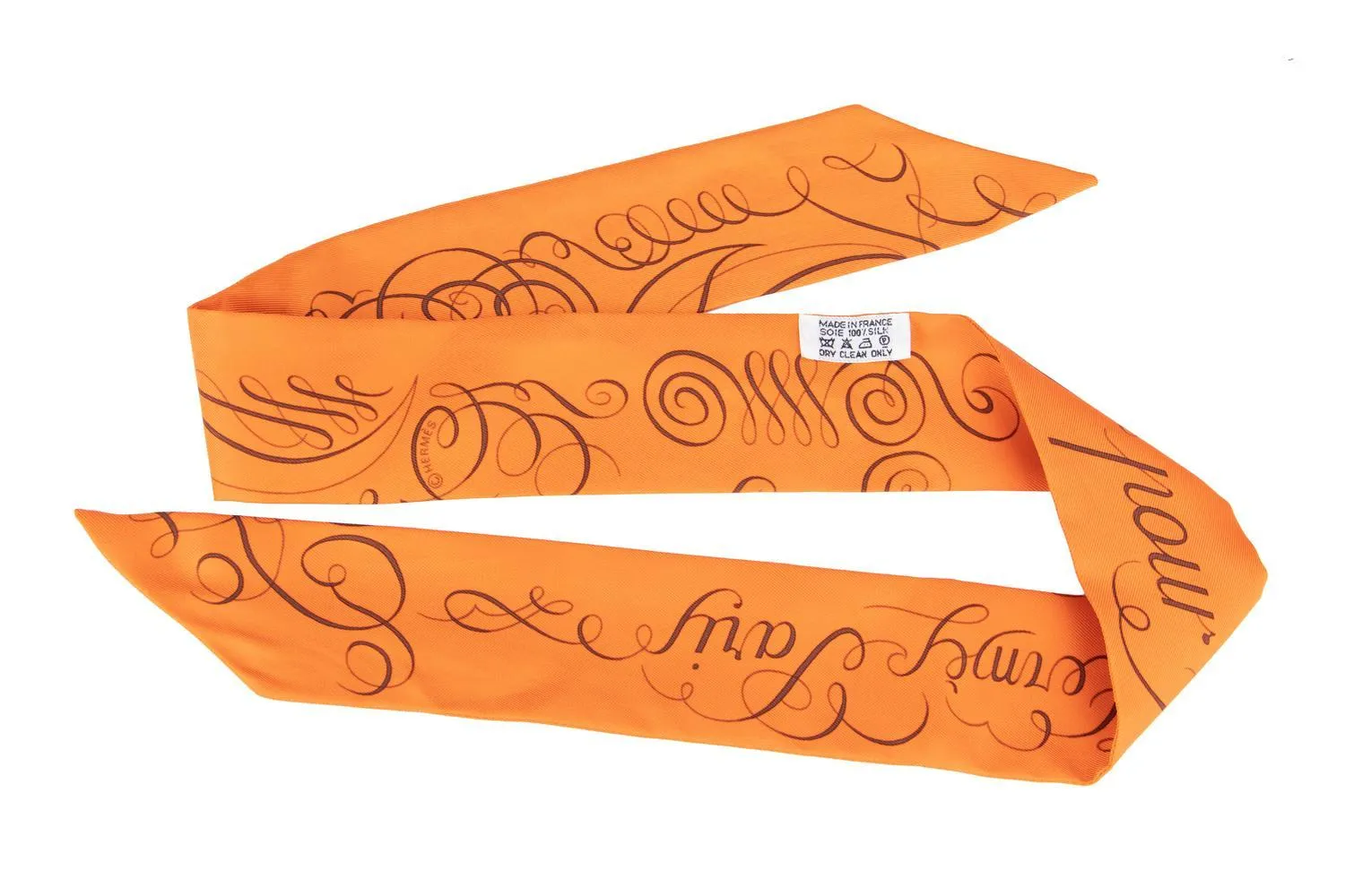 Hermes Silk Twilly Orange with Brown Caligraphy Fonts