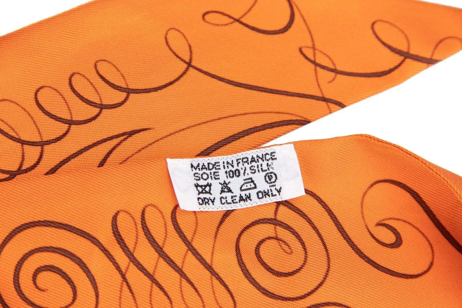 Hermes Silk Twilly Orange with Brown Caligraphy Fonts