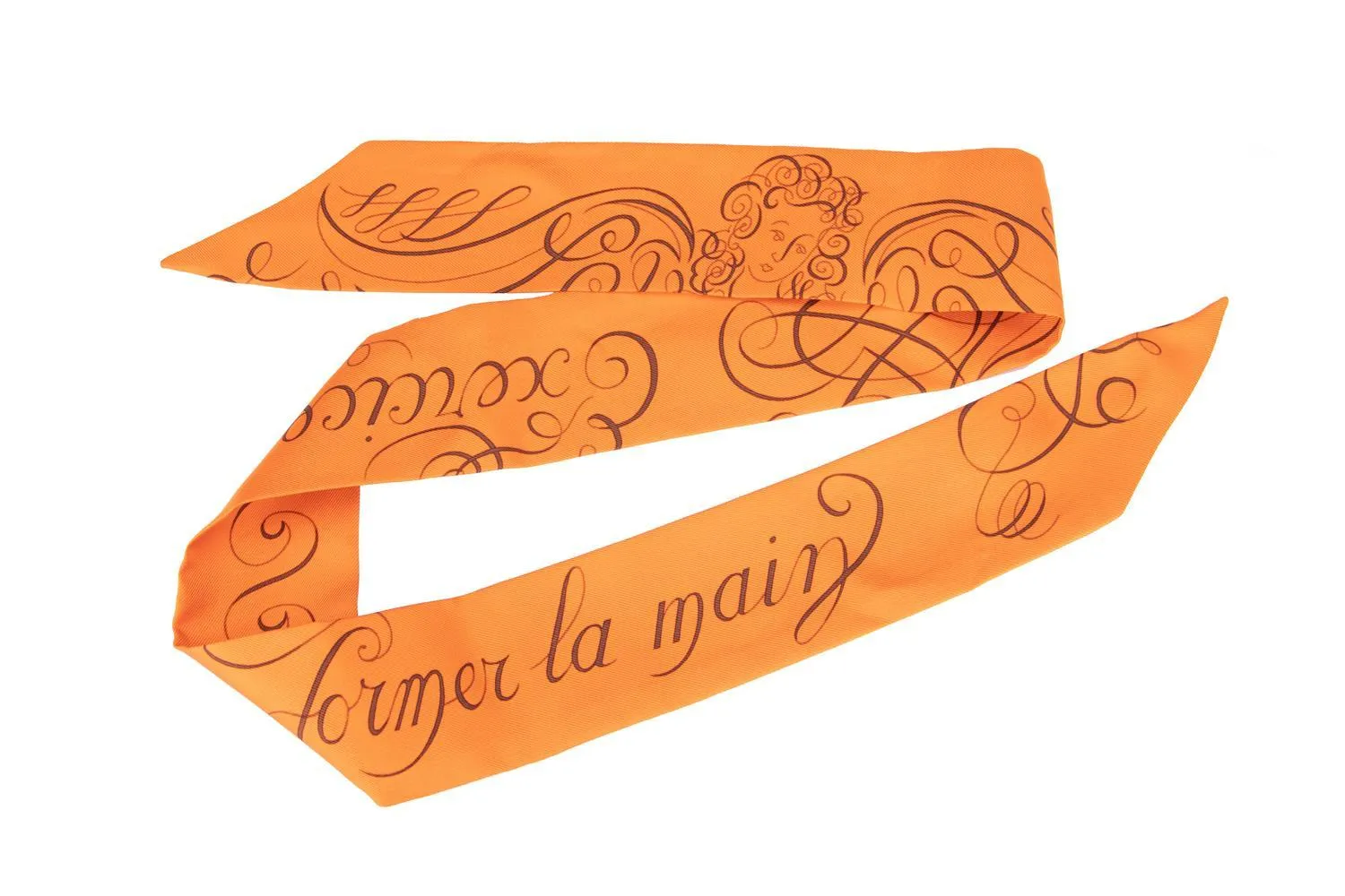 Hermes Silk Twilly Orange with Brown Caligraphy Fonts