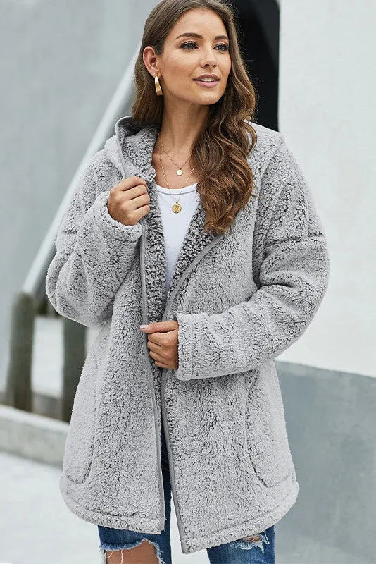 Hooded Teddy Coat in Light Gray