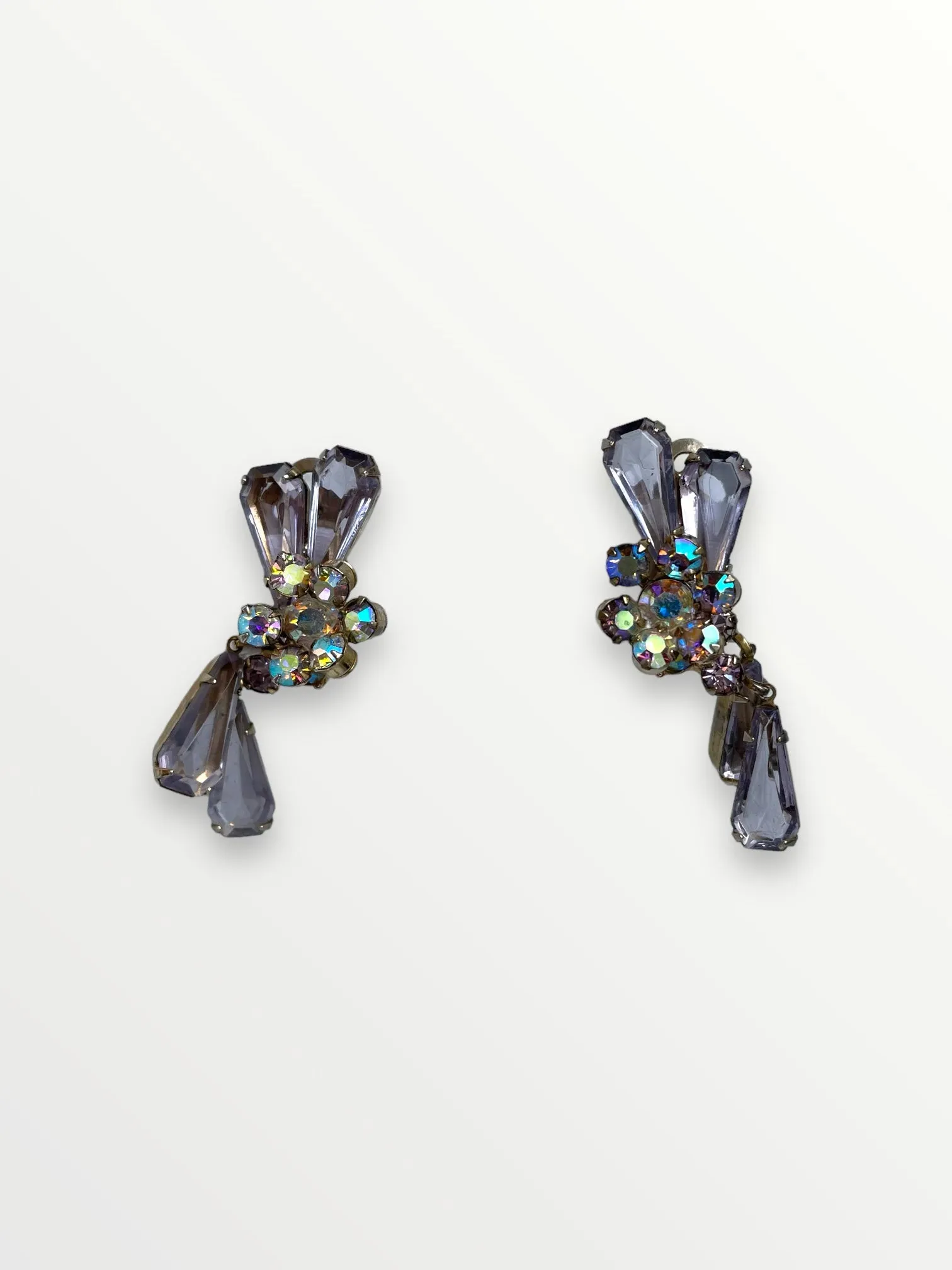 Iridescent Rhinestone Flower Clip Earrings