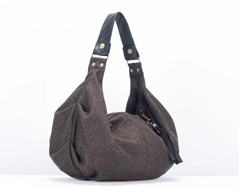 Kallia mini bag - Brown herringbone wool and Black leather