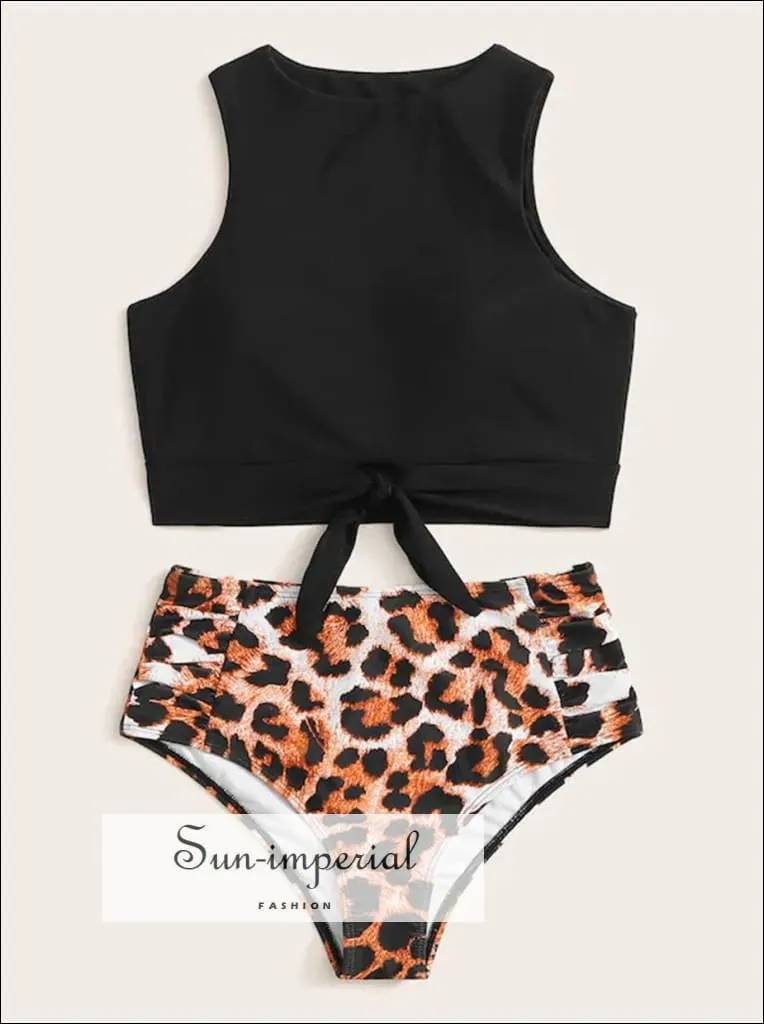 Knot front top with Dot High Waist Bikini Set - Black top White Leopard bottom