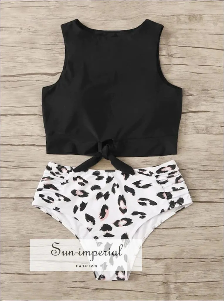 Knot front top with Dot High Waist Bikini Set - Black top White Leopard bottom