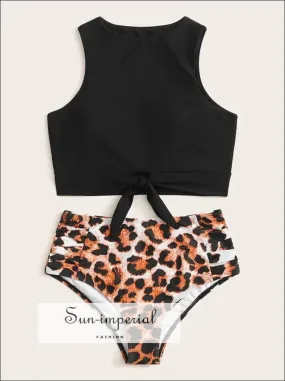 Knot front top with Dot High Waist Bikini Set - Black top White Leopard bottom