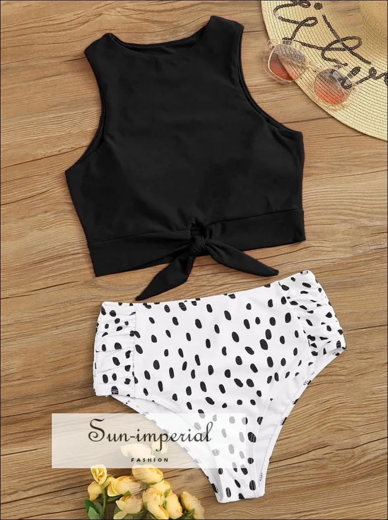 Knot front top with Dot High Waist Bikini Set - Black top White Leopard bottom