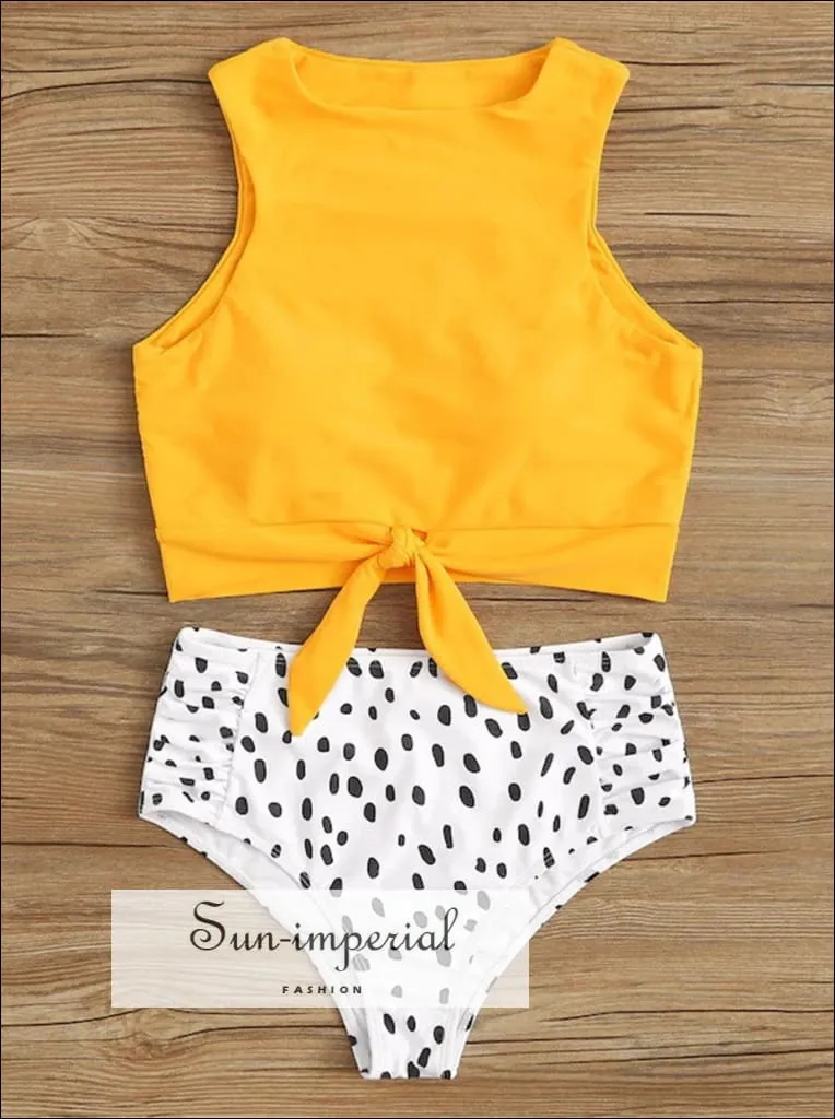 Knot front top with Dot High Waist Bikini Set - Black top White Leopard bottom