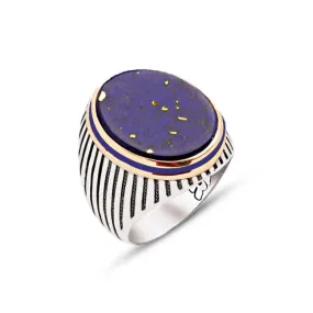 Lapis Stone with Enameled Purple Ellipse Silver Men’s Ring Siding Striped Pattern