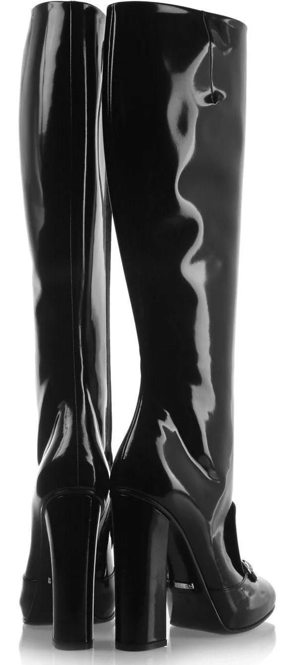 'Lillian' Horsebit Black Patent Leather Knee-High Boots