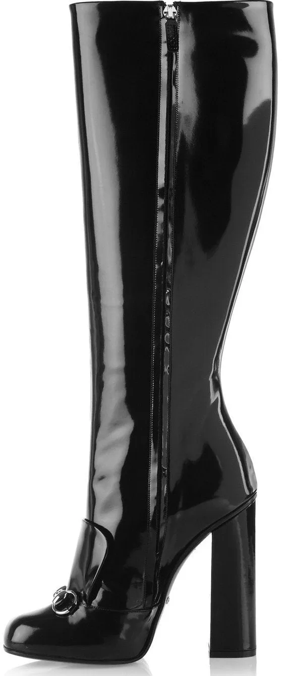 'Lillian' Horsebit Black Patent Leather Knee-High Boots