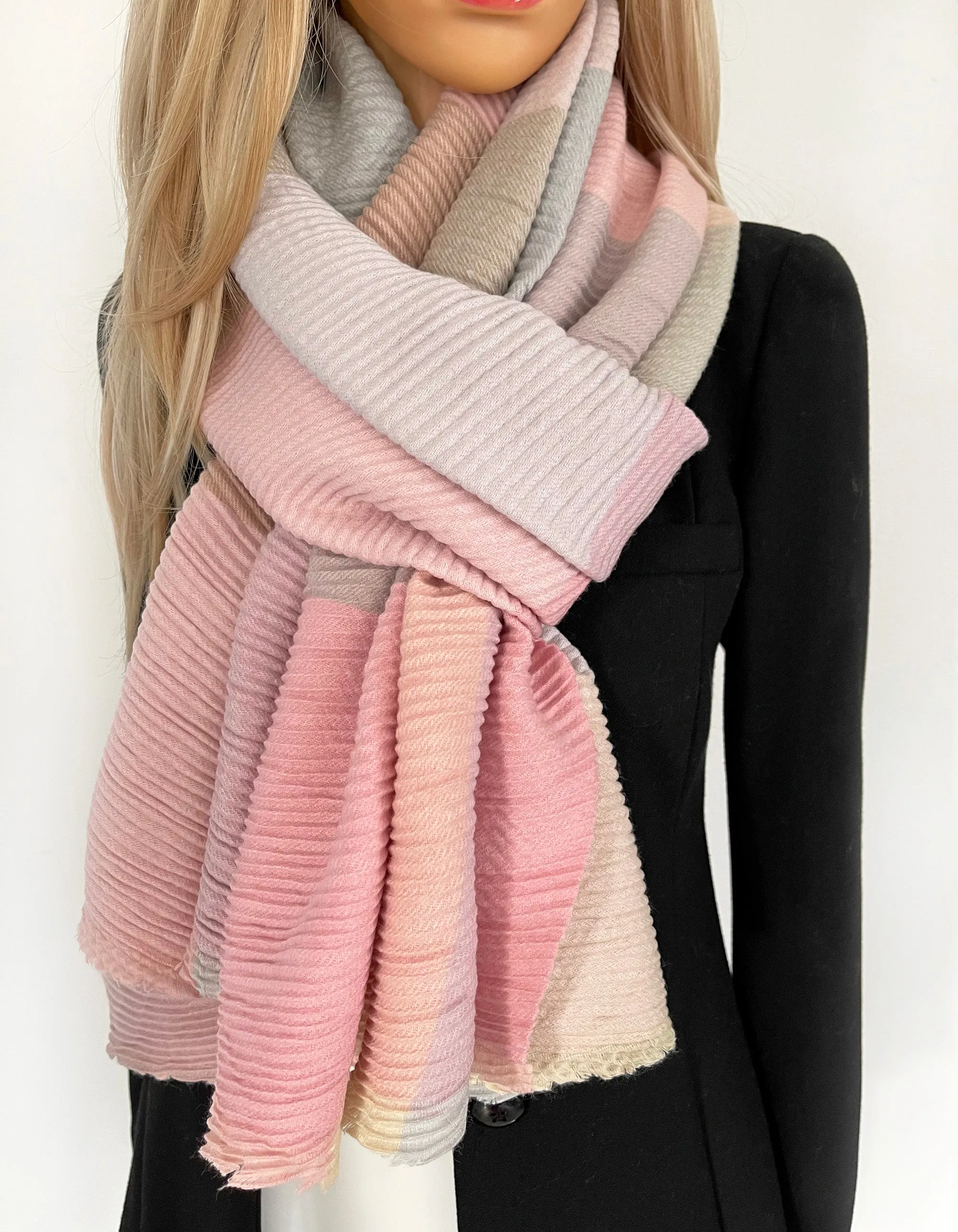 LONG PINK CRINKLE MULTICOLOUR WOOL MIX COLOUR BLOCK CHECK SCARF