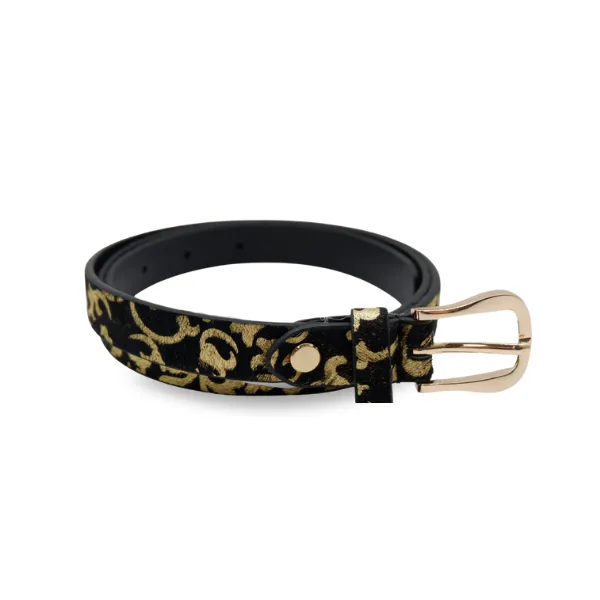 LORNA - Women's Black Genuine Leather Belt with Gold Print