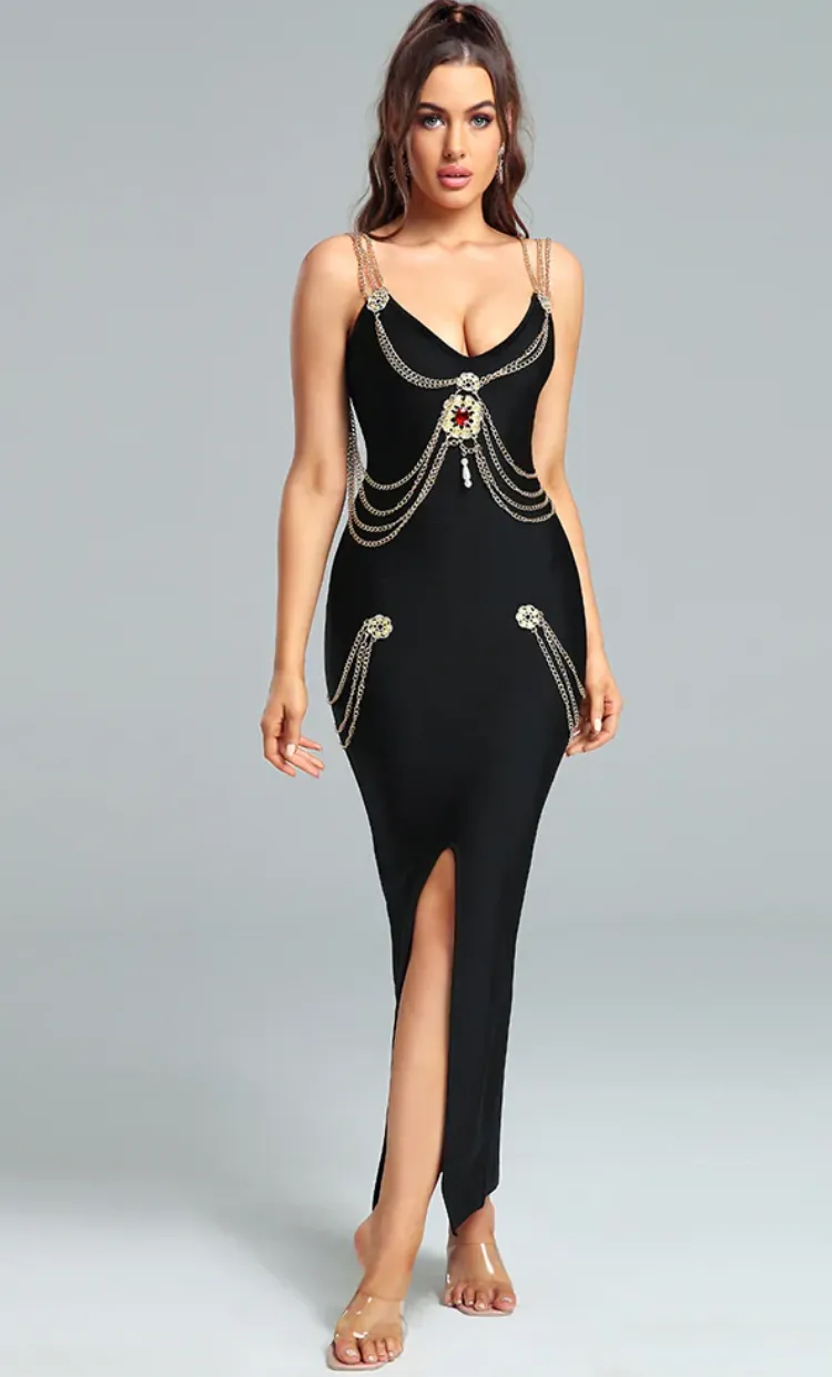 LUCIA Metal Ornamental Buckle Chain Maxi Bandage Dress