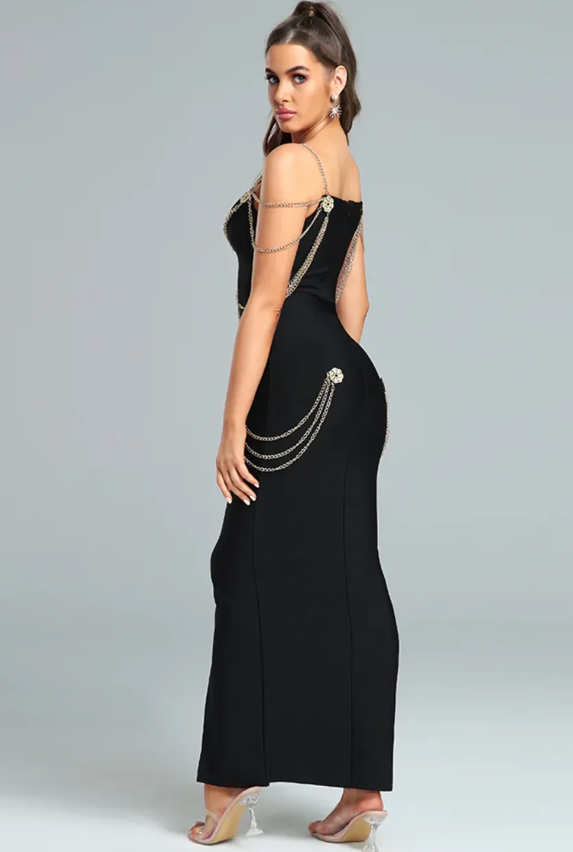 LUCIA Metal Ornamental Buckle Chain Maxi Bandage Dress