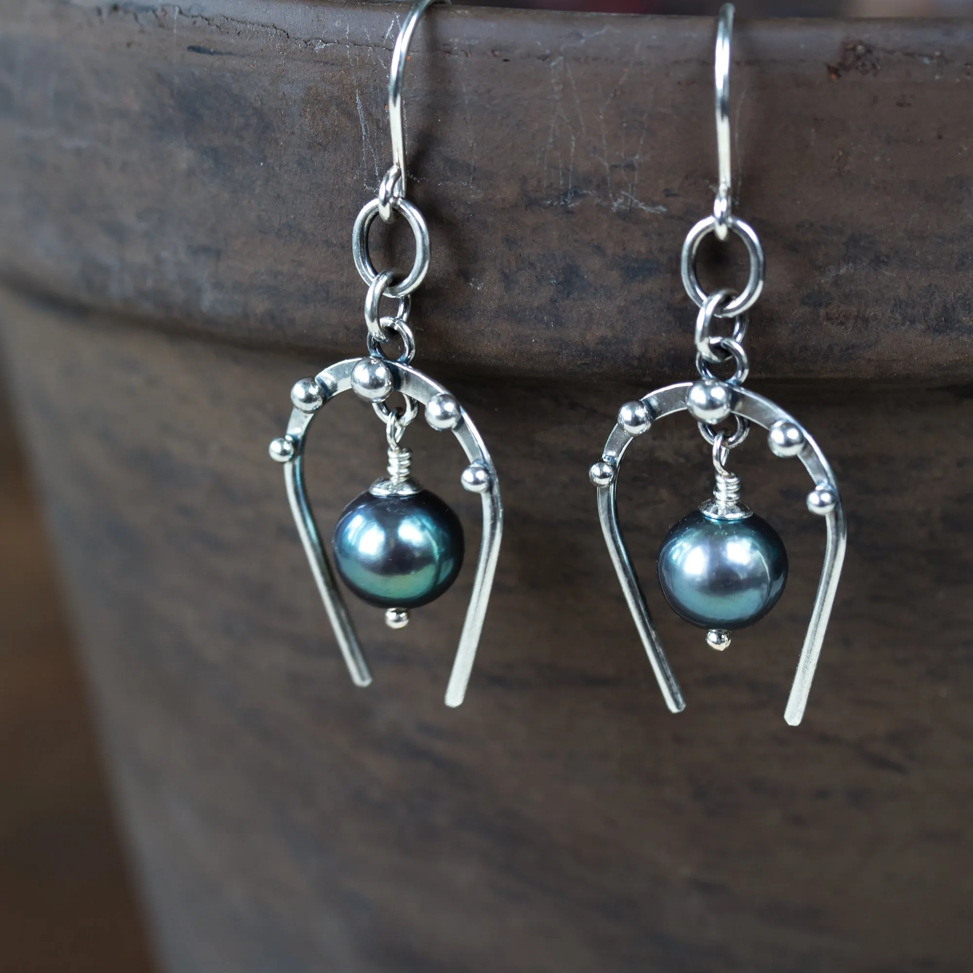 Lucky Horseshoe Earrings, oxidized sterling silver with black freshwater pearl