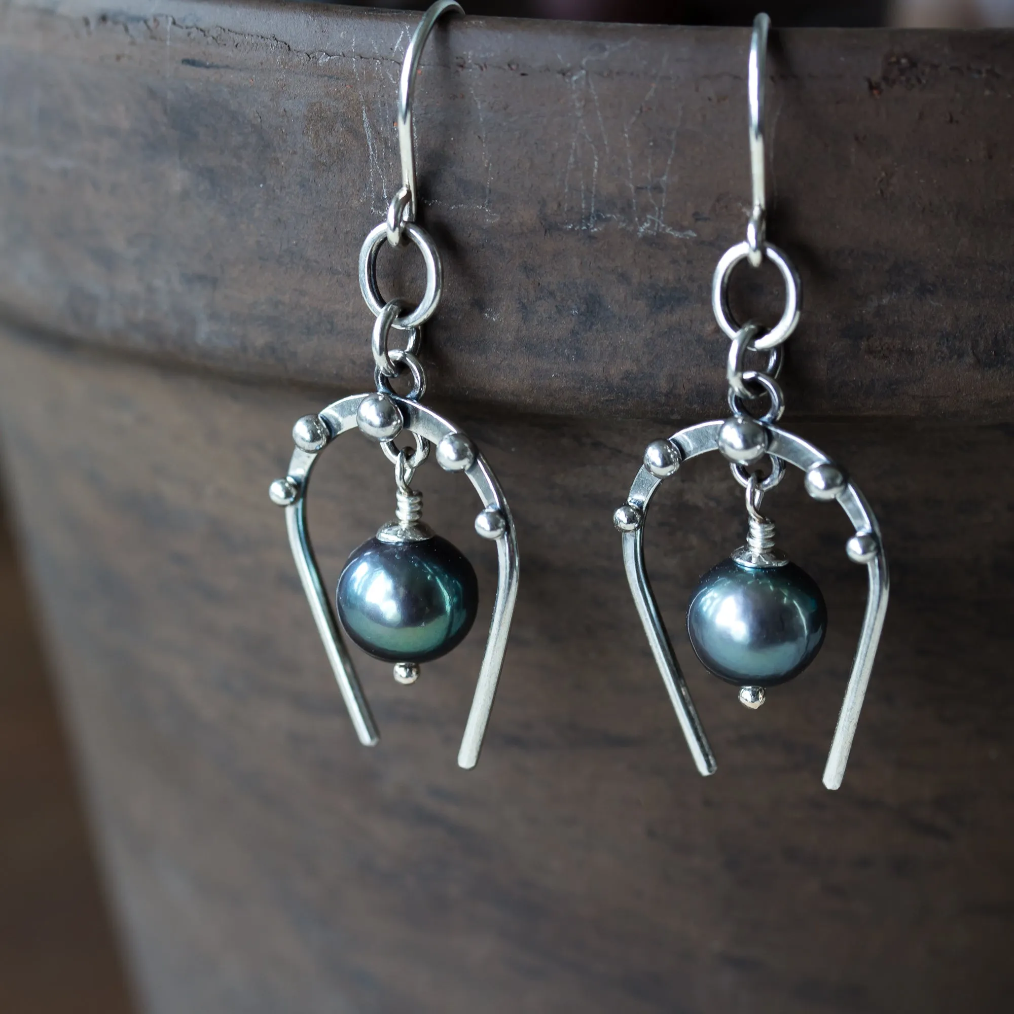 Lucky Horseshoe Earrings, oxidized sterling silver with black freshwater pearl