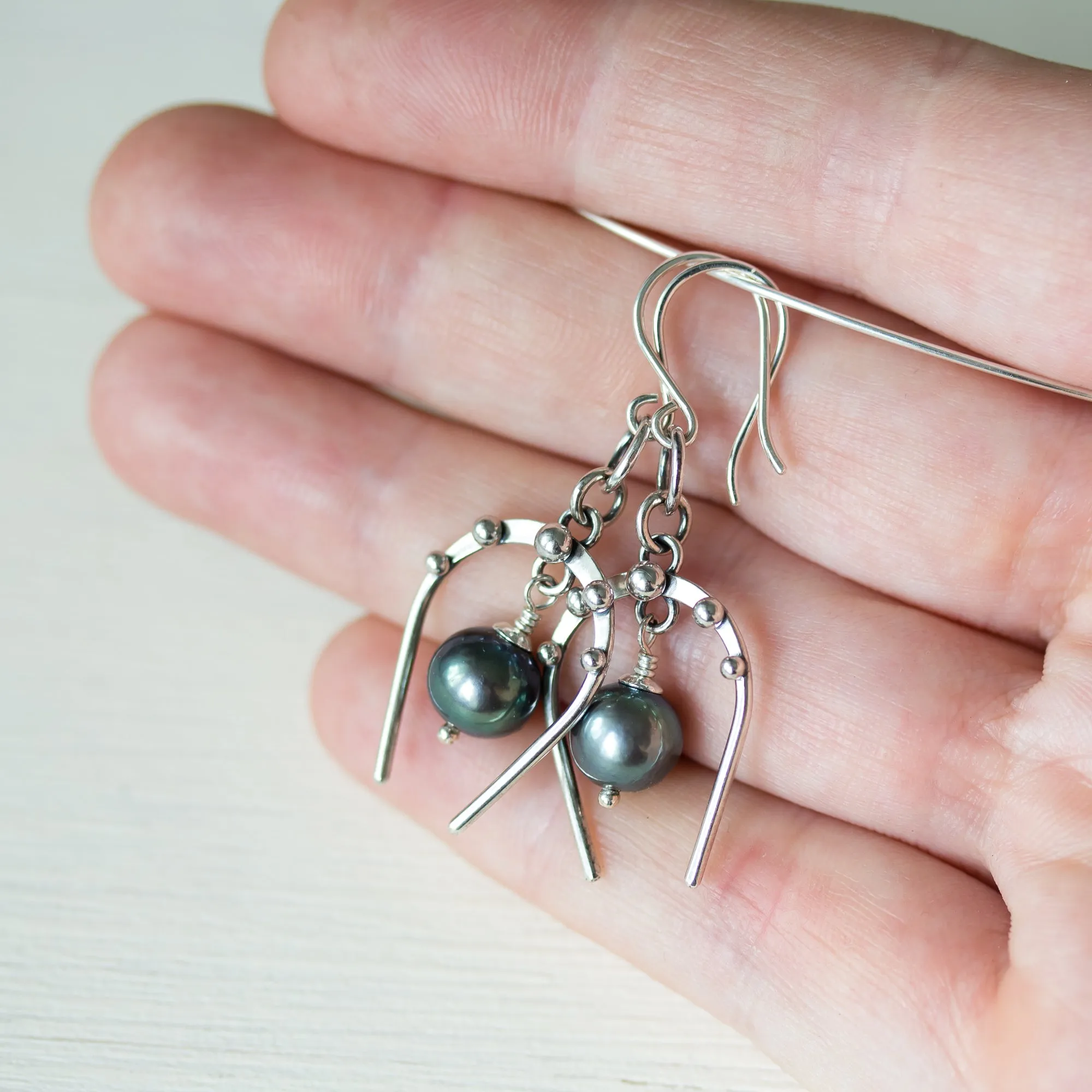 Lucky Horseshoe Earrings, oxidized sterling silver with black freshwater pearl