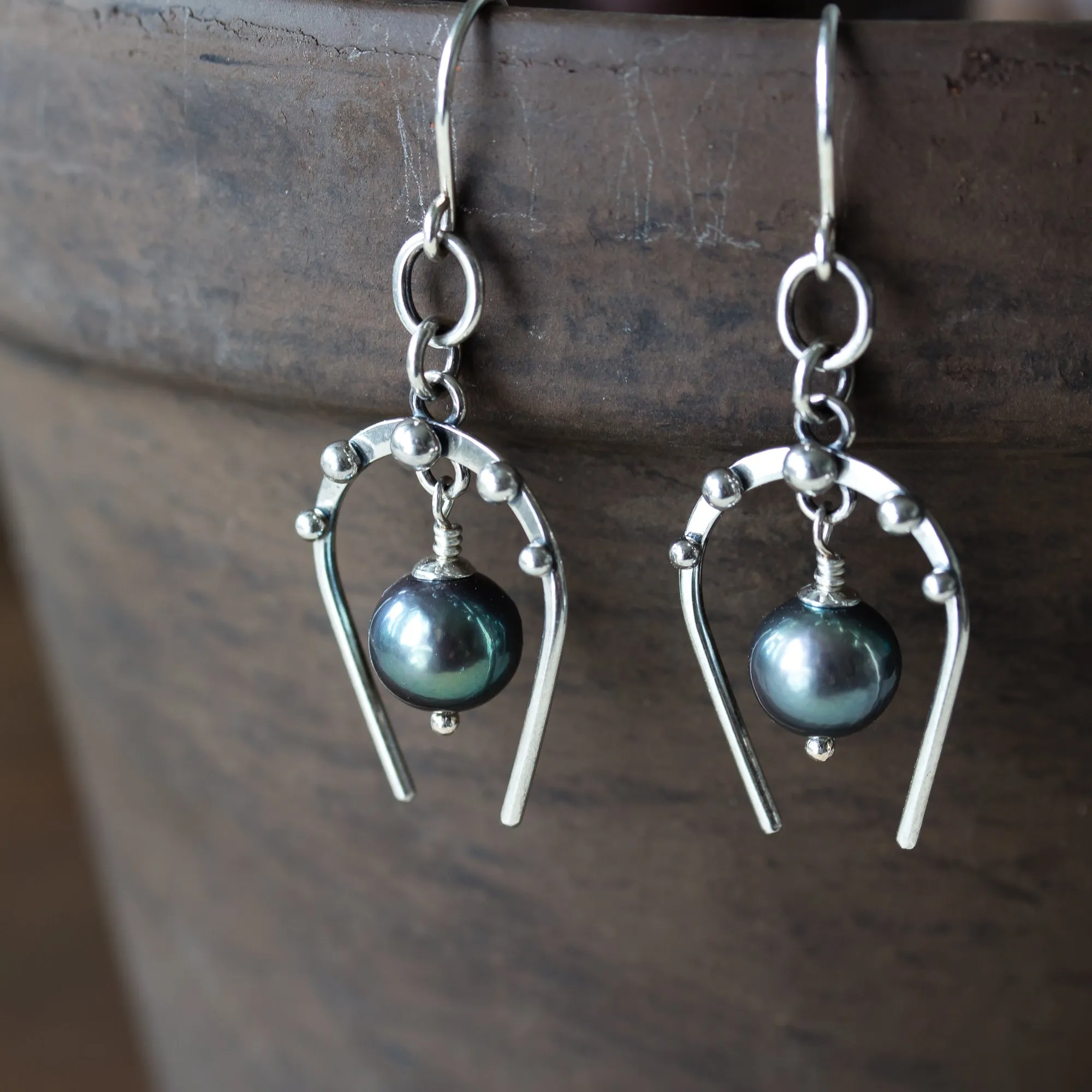 Lucky Horseshoe Earrings, oxidized sterling silver with black freshwater pearl