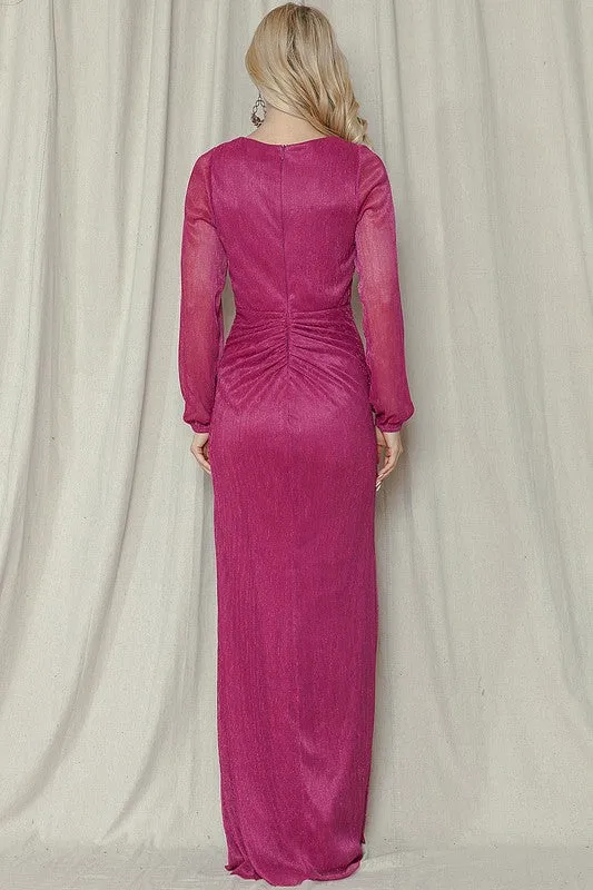 Magenta Shimmer Long Sleeve Gown